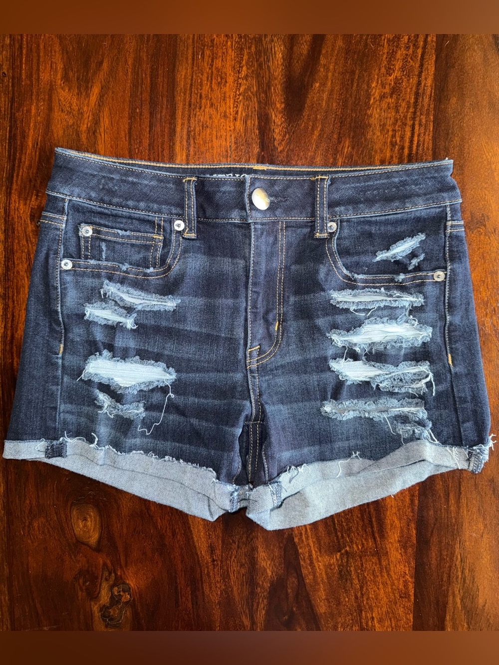 American Eagle Dark Blue Distressed Denim Shorts